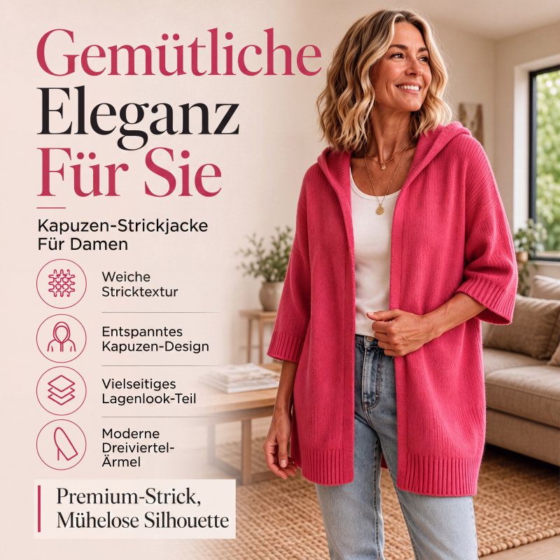 Gestrickte Cardigan mit Kapuze und 3/4-Ärmeln für Damen