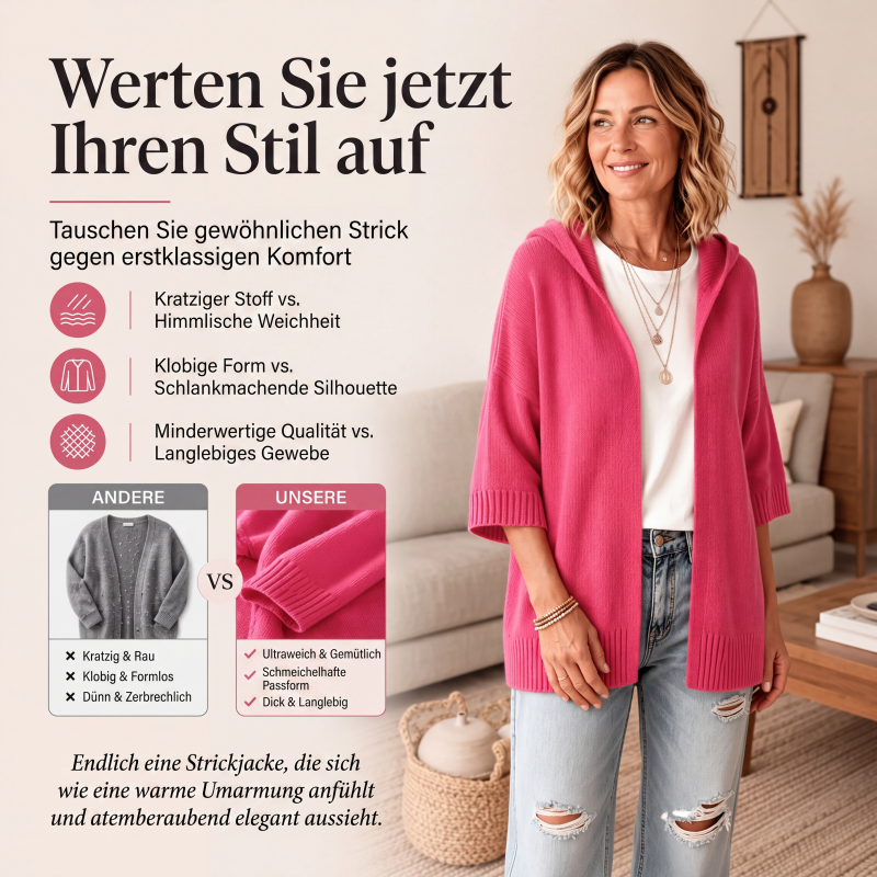 Gestrickte Cardigan mit Kapuze und 3/4-Ärmeln für Damen