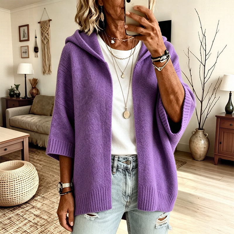 Gestrickte Cardigan mit Kapuze und 3/4-Ärmeln für Damen