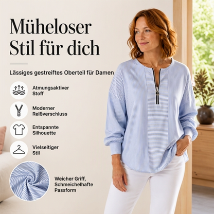 🌸 Langarm-Top mit Streifen & Reißverschluss – Leichter Stoff, bequemer Schnitt & vielseitig kombinierbar – Ideal für die Übergangszeit & entspannte Stunden versandfrei