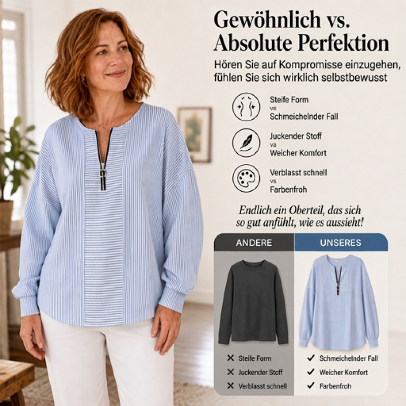 🌸 Langarm-Top mit Streifen & Reißverschluss – Leichter Stoff, bequemer Schnitt & vielseitig kombinierbar – Ideal für die Übergangszeit & entspannte Stunden versandfrei