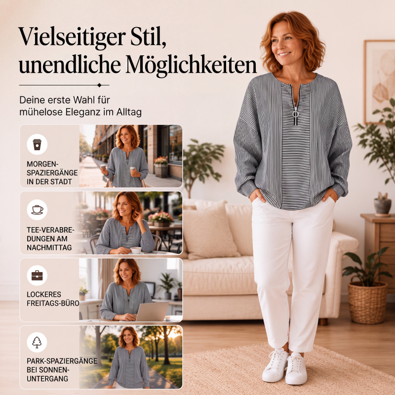 🌸 Langarm-Top mit Streifen & Reißverschluss – Leichter Stoff, bequemer Schnitt & vielseitig kombinierbar – Ideal für die Übergangszeit & entspannte Stunden versandfrei