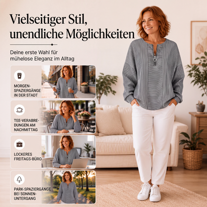🌸 Langarm-Top mit Streifen & Reißverschluss – Leichter Stoff, bequemer Schnitt & vielseitig kombinierbar – Ideal für die Übergangszeit & entspannte Stunden versandfrei