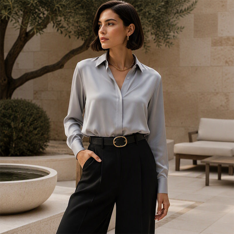 🌸 Satin-Bluse mit langen Ärmeln – Leichter Stoff, femininer Schnitt & edle Optik – Ideal für warme Tage & stilvolle Abende