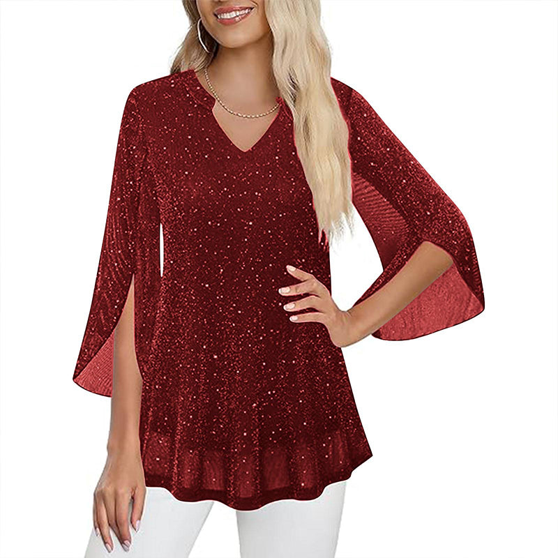 ⌛Zeitlich begrenztes Angebot – Glitzerndes Damen-Oberteil mit geschlitzten, ausgestelltem Ärmeln