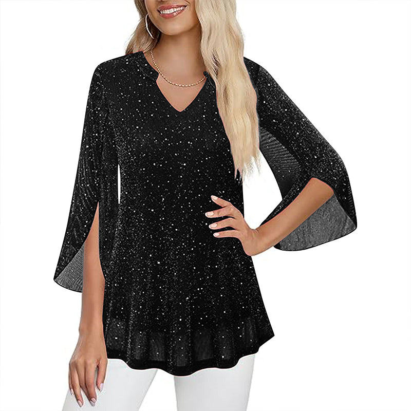 ⌛Zeitlich begrenztes Angebot – Glitzerndes Damen-Oberteil mit geschlitzten, ausgestelltem Ärmeln