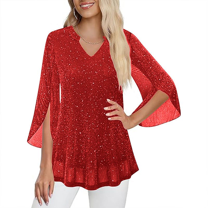 ⌛Zeitlich begrenztes Angebot – Glitzerndes Damen-Oberteil mit geschlitzten, ausgestelltem Ärmeln