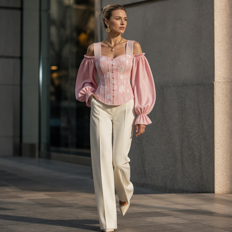 Damen Cold-Shoulder-Oberteil aus geblümten Jacquard