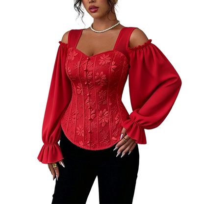 Damen Cold-Shoulder-Oberteil aus geblümten Jacquard