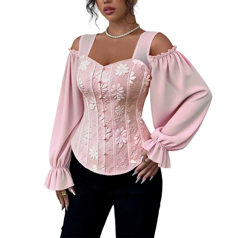 Damen Cold-Shoulder-Oberteil aus geblümten Jacquard