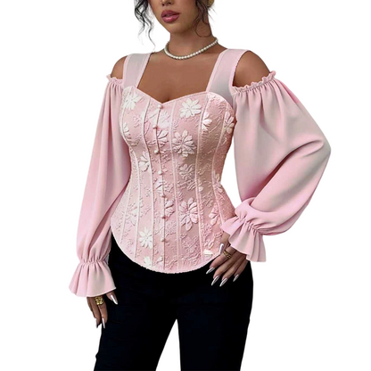 Damen Cold-Shoulder-Oberteil aus geblümten Jacquard