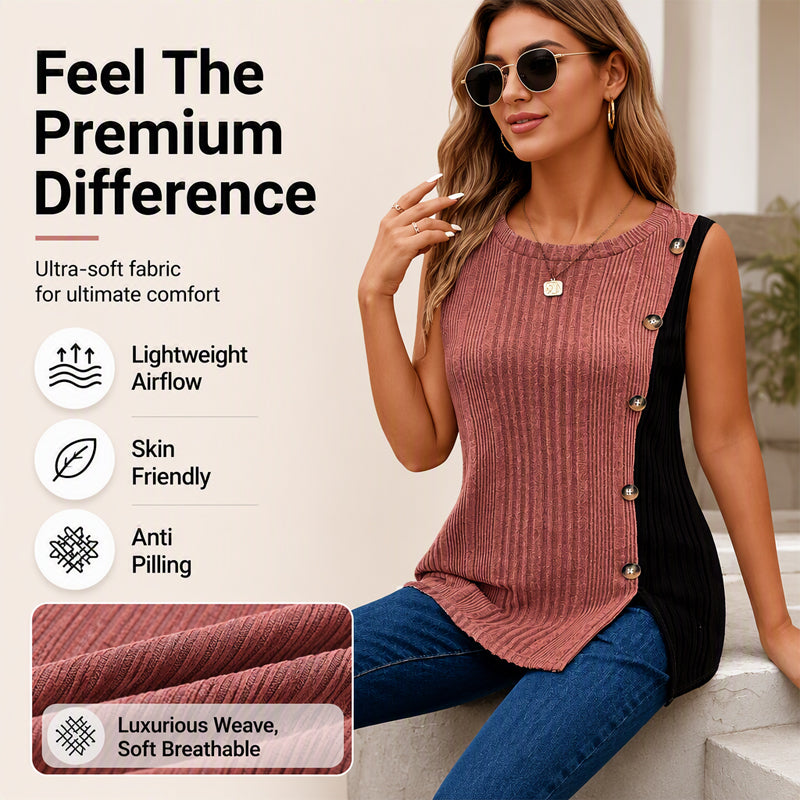 👚 Damen ärmelloses Colorblock-Ripp-Top – Moderne Farbblöcke, figurbetonter Strick & vielseitig kombinierbar | Perfekt für warme Tage, Sport & Freizeit – Jetzt -50%!
