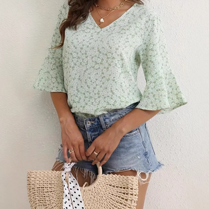 🌸 Blumenprint-Top mit Flügelärmeln – Leichter Baumwollstoff, bequemer Schnitt & verspielte Ärmel – Ideal für Frühling, Sommer & elegante Stunden