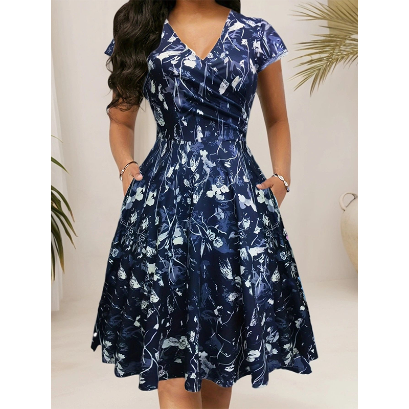 👗🌼Nur kurze Zeit – 50 % Rabatt！💖Elegantes bedrucktes Damenkleid mit Taschen