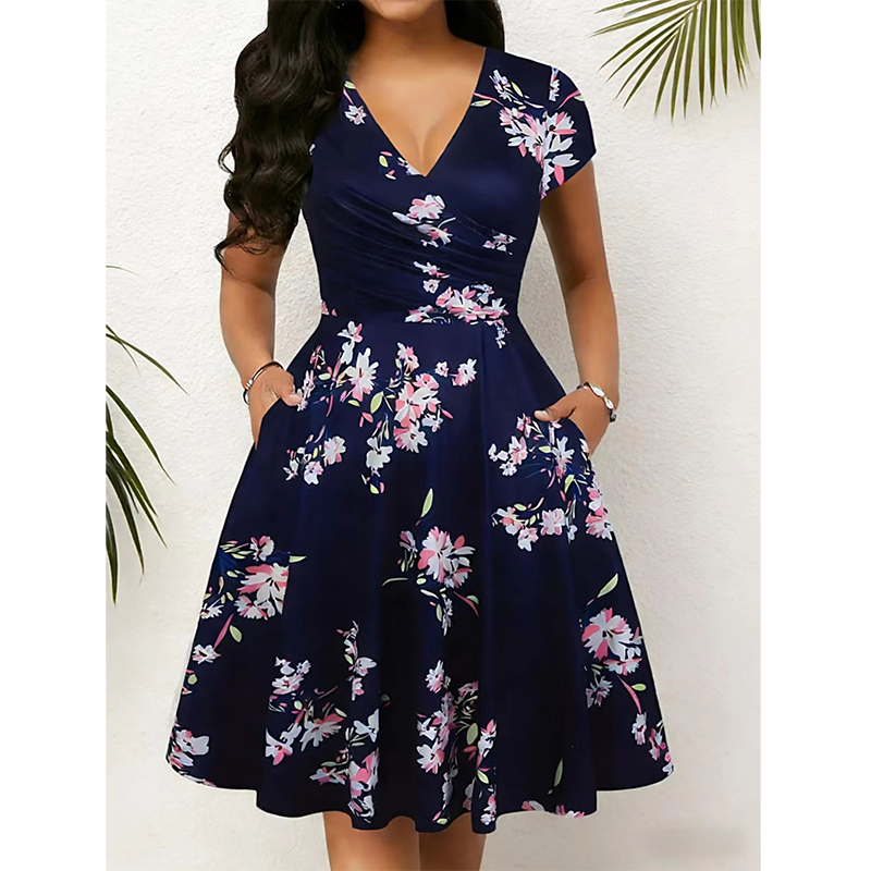 👗🌼Nur kurze Zeit – 50 % Rabatt！💖Elegantes bedrucktes Damenkleid mit Taschen