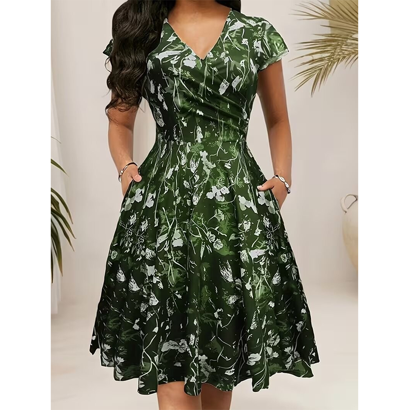 👗🌼Nur kurze Zeit – 50 % Rabatt！💖Elegantes bedrucktes Damenkleid mit Taschen