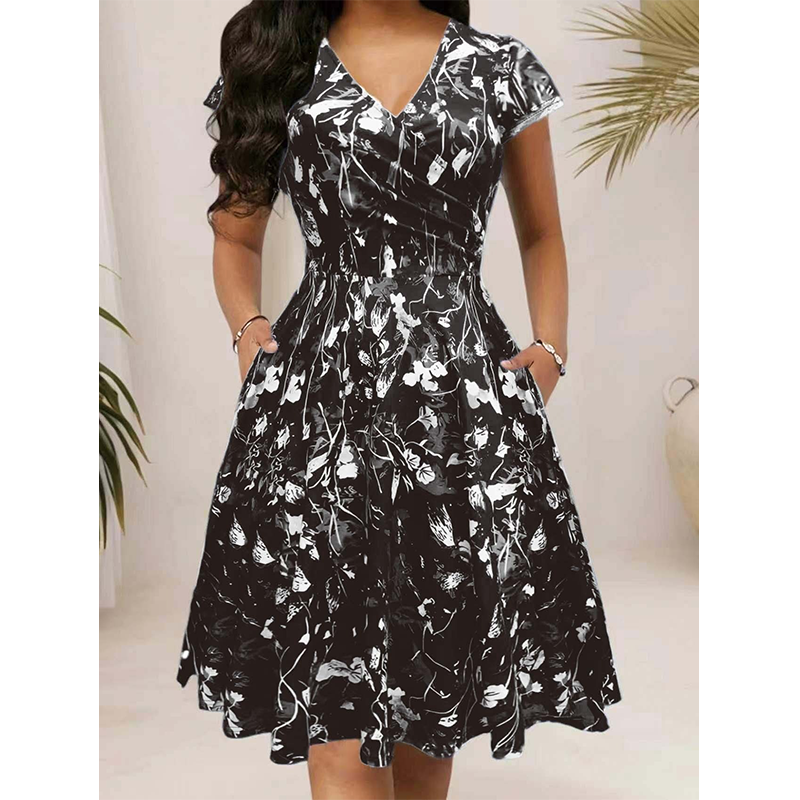 👗🌼Nur kurze Zeit – 50 % Rabatt！💖Elegantes bedrucktes Damenkleid mit Taschen