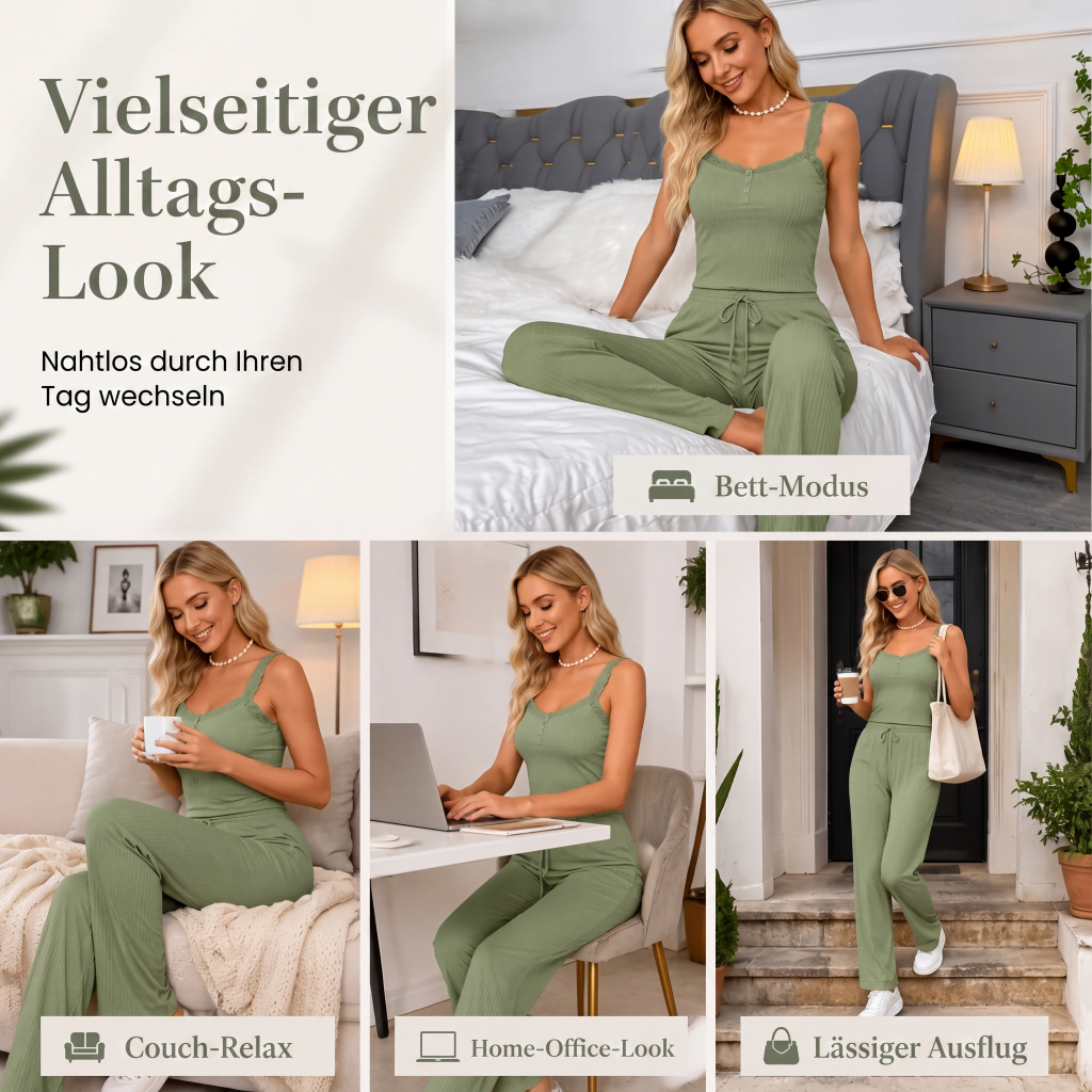 🌙 Camisole-Pyjama mit Spitze – Atmungsaktiv, weich & romantisch – Ideal für warme Nächte & gemütliche Abende zuhause
