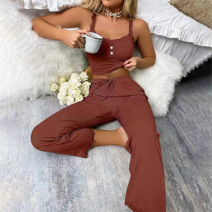 🌙 Camisole-Pyjama mit Spitze – Atmungsaktiv, weich & romantisch – Ideal für warme Nächte & gemütliche Abende zuhause