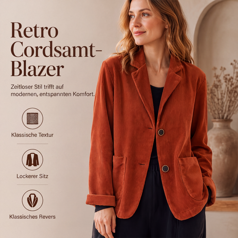 Vintage-Cordjacke für Damen, lässig weit geschnitten, mit Kragen im Blazer-Stil und Taschen
