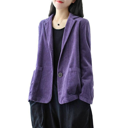 Vintage-Cordjacke für Damen, lässig weit geschnitten, mit Kragen im Blazer-Stil und Taschen