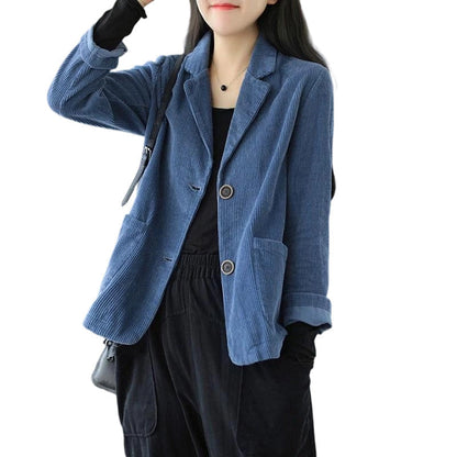 Vintage-Cordjacke für Damen, lässig weit geschnitten, mit Kragen im Blazer-Stil und Taschen