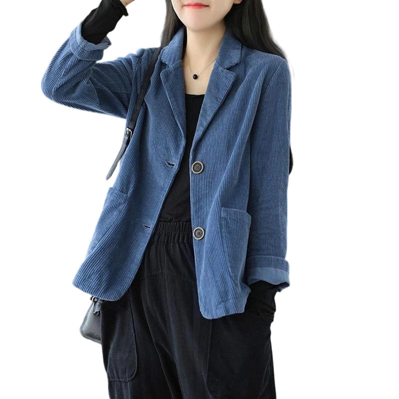 Vintage-Cordjacke für Damen, lässig weit geschnitten, mit Kragen im Blazer-Stil und Taschen