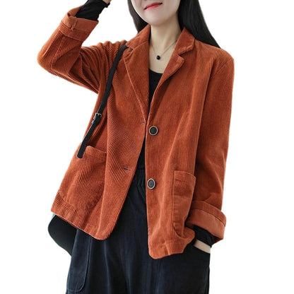 Vintage-Cordjacke für Damen, lässig weit geschnitten, mit Kragen im Blazer-Stil und Taschen
