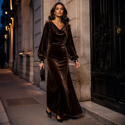 👗🍁Herbst-Neuheiten – 50 % Rabatt！🤎Elegantes Samtkleid mit Wasserfallkragen für Damen