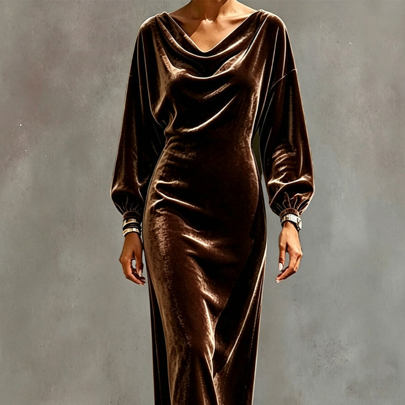 👗🍁Herbst-Neuheiten – 50 % Rabatt！🤎Elegantes Samtkleid mit Wasserfallkragen für Damen