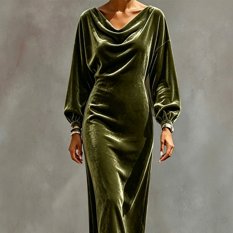 👗🍁Herbst-Neuheiten – 50 % Rabatt！🤎Elegantes Samtkleid mit Wasserfallkragen für Damen