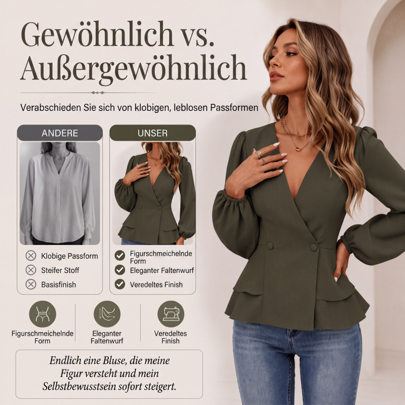 🌸 Damen-Bluse mit V-Ausschnitt, Ballonärmeln und Schößchen