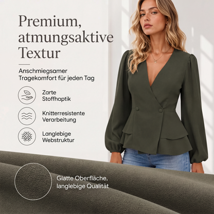 🌸 Damen-Bluse mit V-Ausschnitt, Ballonärmeln und Schößchen