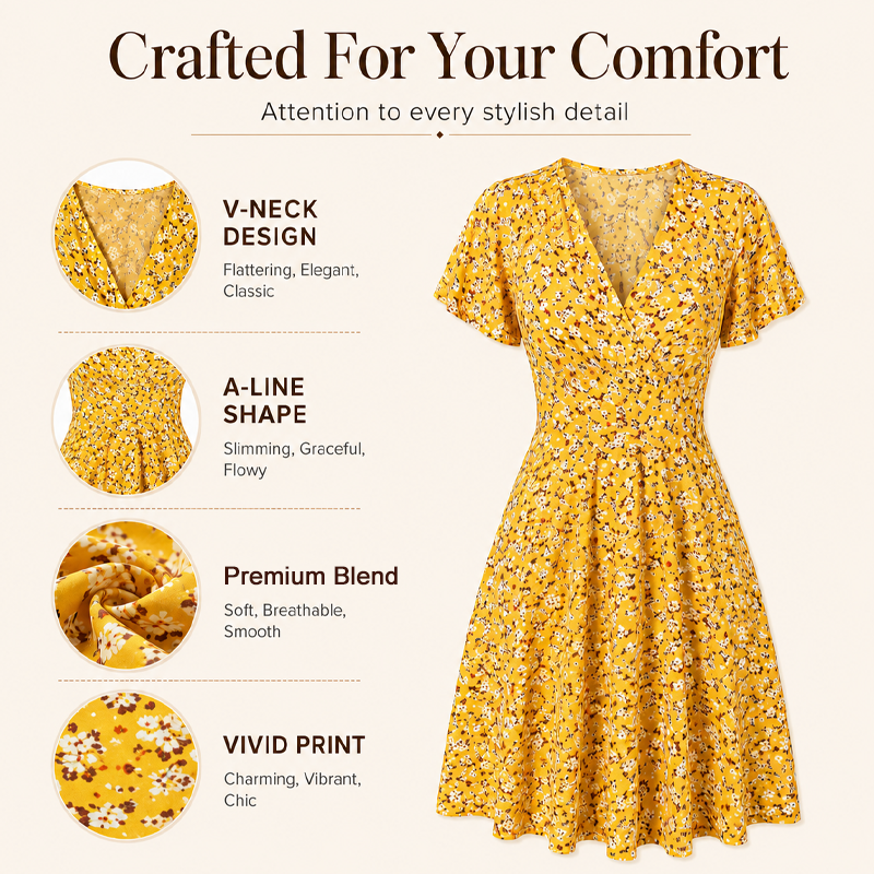 V-Ausschnitt-Kleid mit Blumenprint – Leichter Stoff, bequemer Sitz & vielseitig kombinierbar – Ideal für Frühling, Sommer & entspannte Stunden