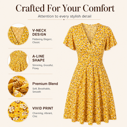 V-Ausschnitt-Kleid mit Blumenprint – Leichter Stoff, bequemer Sitz & vielseitig kombinierbar – Ideal für Frühling, Sommer & entspannte Stunden