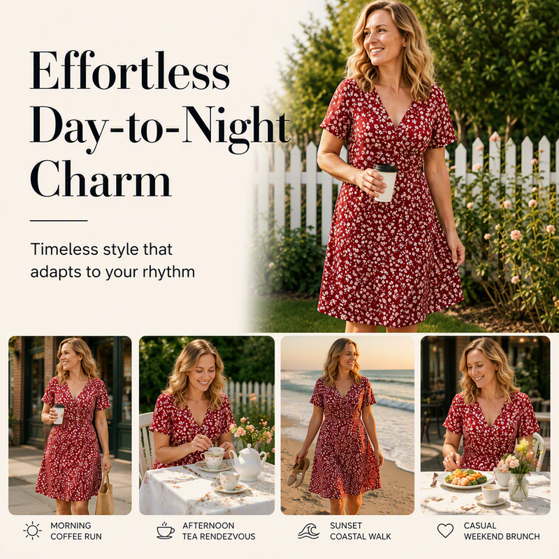 V-Ausschnitt-Kleid mit Blumenprint – Leichter Stoff, bequemer Sitz & vielseitig kombinierbar – Ideal für Frühling, Sommer & entspannte Stunden