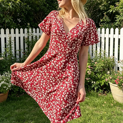 V-Ausschnitt-Kleid mit Blumenprint – Leichter Stoff, bequemer Sitz & vielseitig kombinierbar – Ideal für Frühling, Sommer & entspannte Stunden