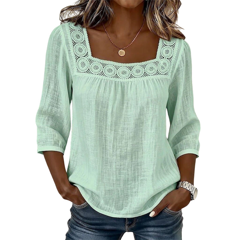 🧨 Bestseller ist zurück – alle, die beim letzten Mal leer ausgingen, jetzt zugreifen! Damen-Bluse mit Spitze und Häkelarbeit, eckiger Ausschnitt