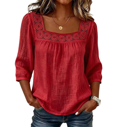 🧨 Bestseller ist zurück – alle, die beim letzten Mal leer ausgingen, jetzt zugreifen! Damen-Bluse mit Spitze und Häkelarbeit, eckiger Ausschnitt