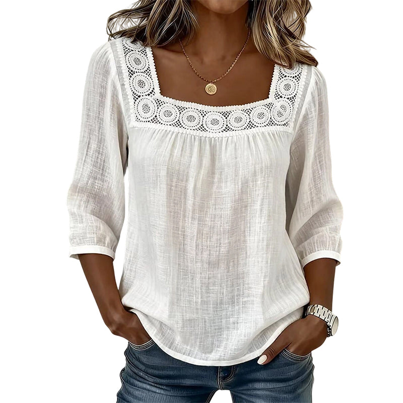 🧨 Bestseller ist zurück – alle, die beim letzten Mal leer ausgingen, jetzt zugreifen! Damen-Bluse mit Spitze und Häkelarbeit, eckiger Ausschnitt