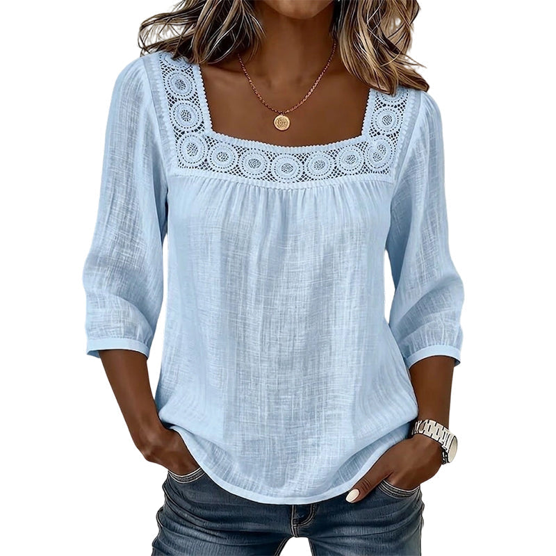 📢📢50%Rabatt!!!🎉✨Damen-Bluse mit Spitze und Häkelarbeit, eckiger Ausschnitt