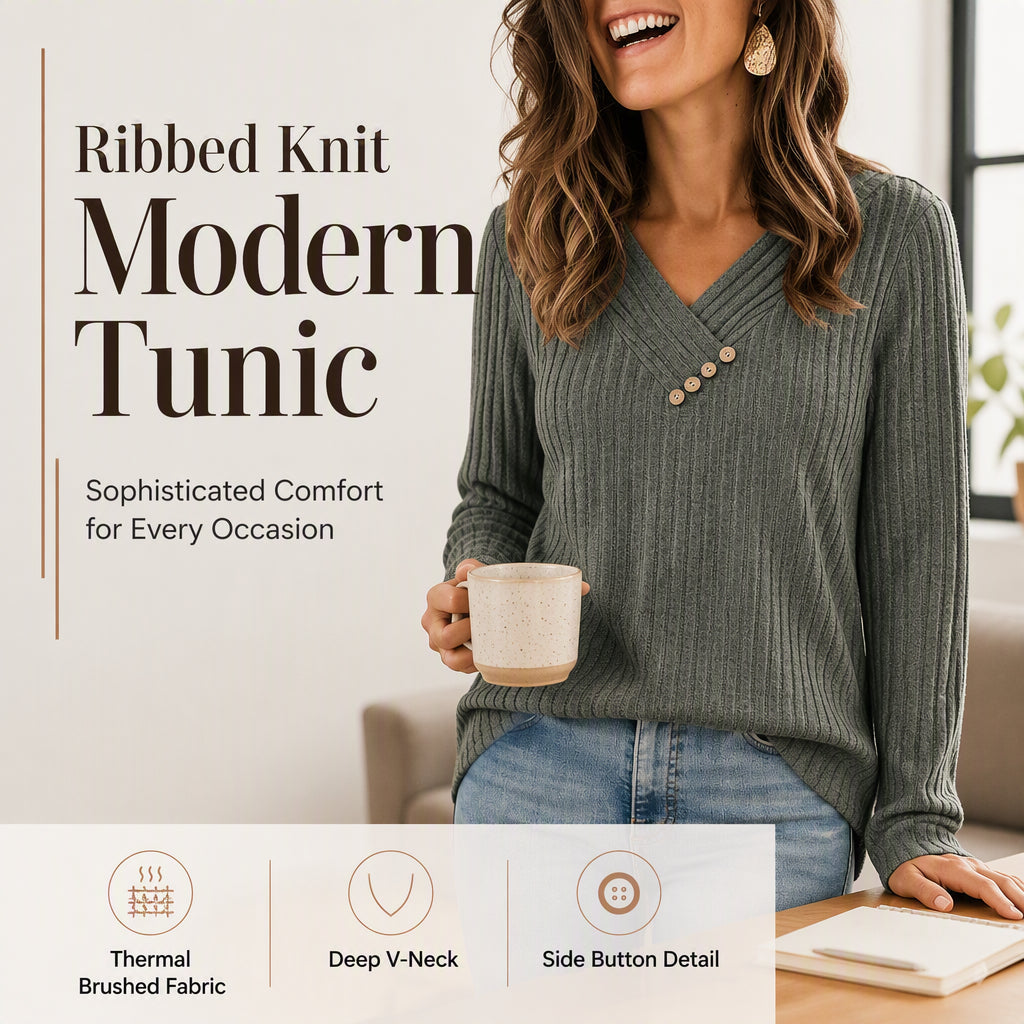 📢📢50%Rabatt!!!🎉✨Damen Geripptes Strick V-Ausschnitt Top mit Dekorativen Knöpfen