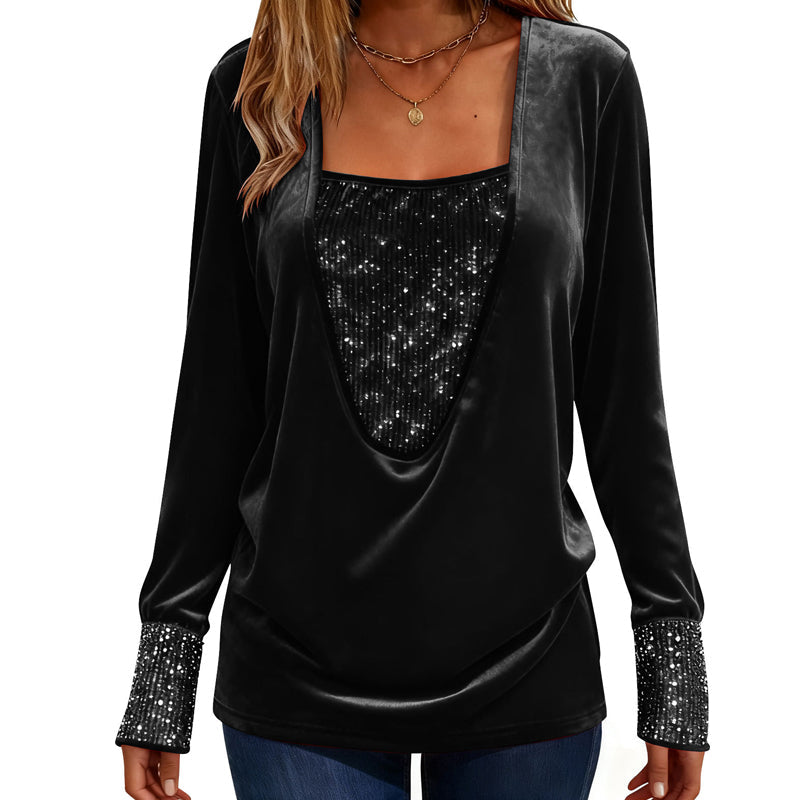 ✨ Elegantes Damen-Oberteil mit Pailletten-Patchwork & langen Ärmeln – Funkelndes Design, femininer Schnitt & edler Look | Perfekt für Partys, besondere Anlässe & glamouröse Abende – Jetzt -50%!