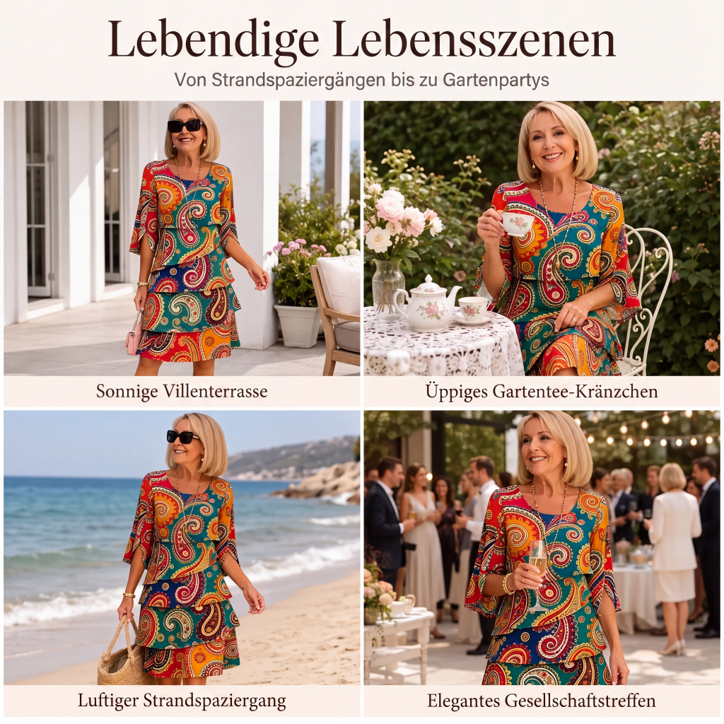 ⌛ Nur solange Vorrat reicht – danach regulärer Preis! Damen Kleid mit Ethno-Muster, V-Ausschnitt und Stufenrock