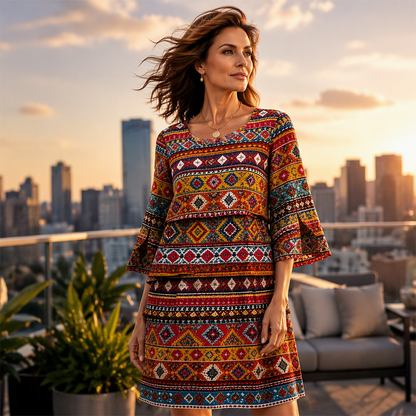 ⌛ Nur solange Vorrat reicht – danach regulärer Preis! Damen Kleid mit Ethno-Muster, V-Ausschnitt und Stufenrock