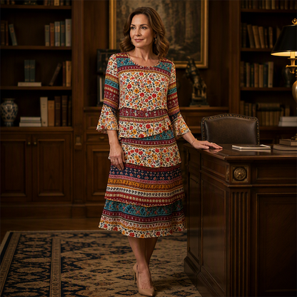 ⌛ Nur solange Vorrat reicht – danach regulärer Preis! Damen Kleid mit Ethno-Muster, V-Ausschnitt und Stufenrock