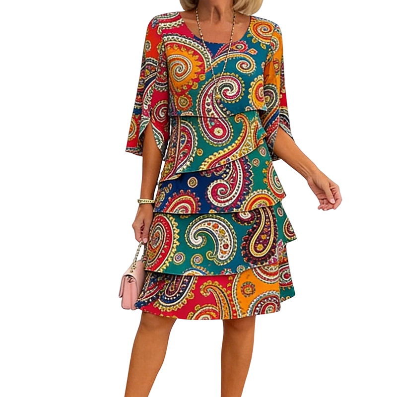⌛ Nur solange Vorrat reicht – danach regulärer Preis! Damen Kleid mit Ethno-Muster, V-Ausschnitt und Stufenrock