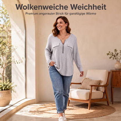 🚨 Eilmeldung: 50% endet heute Nacht! Langarm-Oberteil für Damen aus Rippstrick mit Reißverschluss und V-Ausschnitt