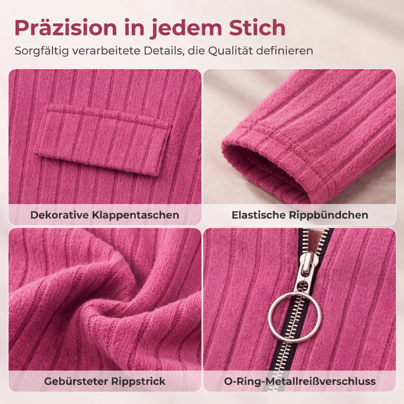 🚨 Eilmeldung: 50% endet heute Nacht! Langarm-Oberteil für Damen aus Rippstrick mit Reißverschluss und V-Ausschnitt