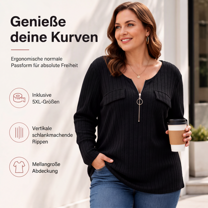 🚨 Eilmeldung: 50% endet heute Nacht! Langarm-Oberteil für Damen aus Rippstrick mit Reißverschluss und V-Ausschnitt